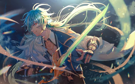 HD PC desktop wallpaper featuring Kaeya from the video game Genshin Impact, depicted with flowing hair and dynamic light effects.