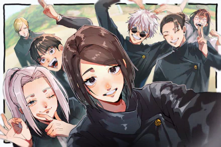 HD PC wallpaper: Jujutsu Kaisen group — Gojo (white hair, shades) and Geto (black hair) with Shoko and classmates in school uniforms; blonde, brown, white hair; blue and brown eyes; glasses.