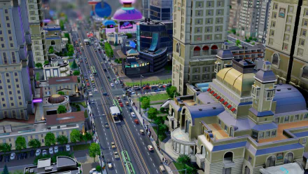 HD desktop wallpaper of SimCity BuildIt featuring a bustling virtual cityscape with streets, buildings, and vehicles.