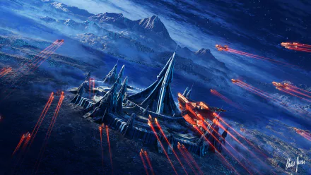 HD desktop wallpaper depicting a futuristic sci-fi city in blue tones with towering structures and flying vehicles over a mountainous landscape.