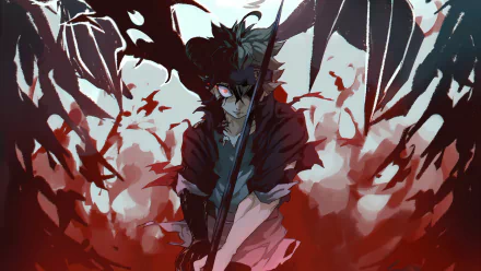 HD desktop wallpaper of Asta from Black Clover anime, featuring a dramatic, red-toned battle scene with the character ready for action.