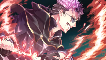 Magna Swing from Black Clover unleashes his power in this vibrant 4K Ultra HD anime wallpaper, showcasing dynamic flames and bold colors against a dark background.