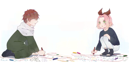 HD anime desktop wallpaper: Sasori (red hair, scarf) and Sakura Haruno (pink hair, green eyes, ribbon) sitting opposite each other, drawing colorful doodles.