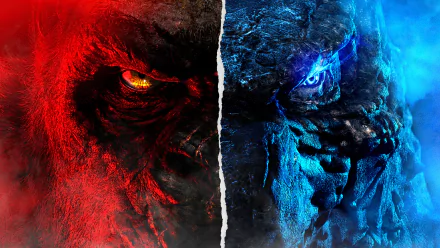 Close-up split image of King Kong's fiery red eye and Godzilla's icy blue eye from the movie Godzilla vs Kong, rendered in 8K Ultra HD for PC desktop wallpaper.