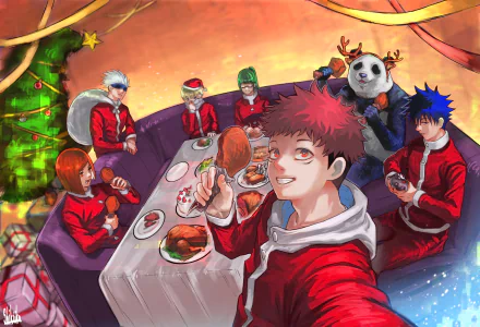 Anime-style Jujutsu Kaisen characters gather around a festive table for a holiday meal in this vibrant 4K Ultra HD PC desktop wallpaper.