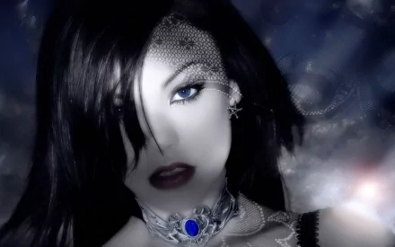 Artistic HD portrait of a woman with blue eyes, dark hair, and a jeweled choker. The moody, ethereal background enhances the captivating and mysterious ambiance.