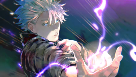 Satoru Gojo with white hair and piercing blue eyes from Jujutsu Kaisen in a dynamic pose, glowing with purple energy, illustrated in 4K Ultra HD anime style.