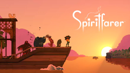 HD desktop wallpaper of Spiritfarer game with characters on a boat at sunset.