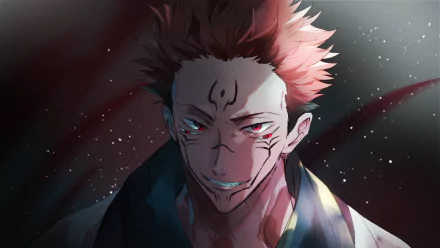 HD anime desktop wallpaper featuring Sukuna from Jujutsu Kaisen with striking red eyes and pink hair illuminated in a dark, atmospheric background.
