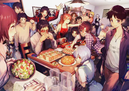 HD desktop wallpaper featuring characters from Neon Genesis Evangelion enjoying a lively gathering with food, drinks, and festive atmosphere.