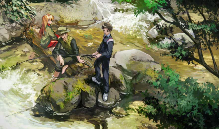 Anime-style HD wallpaper featuring Shinji Ikari, Asuka Langley Sohryu, and Kensuke Aida fishing by a flowing stream surrounded by lush greenery and rocks.