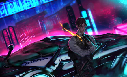 A cyberpunk scene in 4K Ultra HD featuring a futuristic character leaning on a sleek car amid neon-lit cityscape, blending sci-fi elements with vibrant, high-tech visuals.
