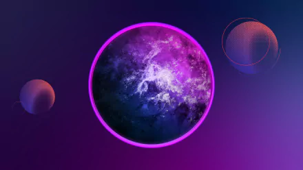 HD desktop wallpaper featuring a retro Sci-Fi theme with a purple-hued planet and abstract orbs against a dark gradient background.