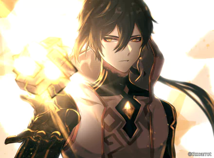 HD desktop wallpaper featuring Zhongli, also known as Rex Lapis, from the video game Genshin Impact, with warm glowing effects and detailed character design.