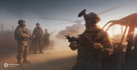 HD desktop wallpaper of soldiers and a tank in a dusty battlefield, themed with the tag 'Caliber'.