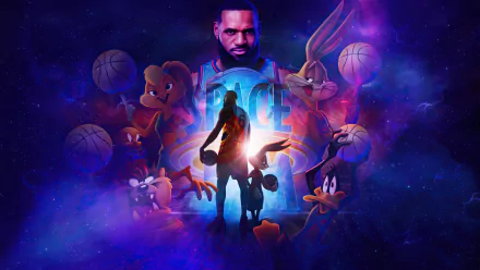 HD desktop wallpaper of Space Jam 2 featuring LeBron James, Bugs Bunny, Lola Bunny, Daffy Duck, Tweety, and Tasmanian Devil, set against a vibrant cosmic background.