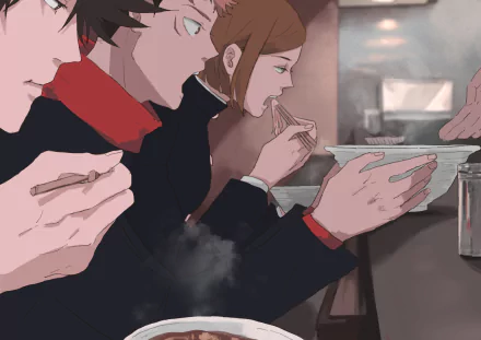 HD anime wallpaper featuring Megumi Fushiguro, Nobara Kugisaki with brown hair, and Yuji Itadori in school uniforms from Jujutsu Kaisen enjoying a meal together.
