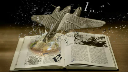 HD wallpaper of a book emitting imaginative elements, with paper birds and letters flying out, symbolizing creativity.