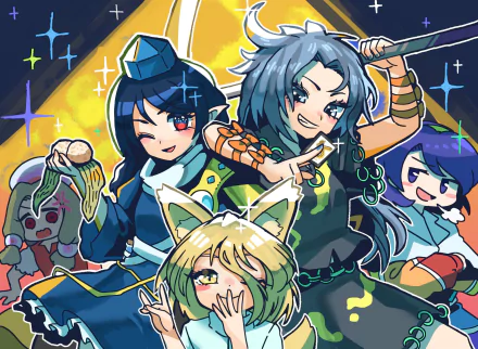 Megumu Iizunamaru Chimata Tenkyuu Misumaru Tamatsukuri Momoyo Himemushi Tsukasa Kudamaki Anime Touhou HD Desktop Wallpaper | Background Image