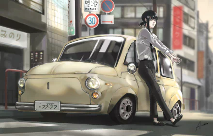 HD desktop wallpaper featuring Kobeni Higashiyama from the anime Chainsaw Man, standing next to a small car in an urban setting.