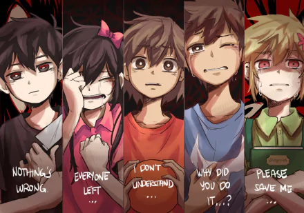 HD desktop wallpaper featuring crying Omori characters Hero, Kel, Basil, Aubrey, and Sunny with emotional expressions and captions expressing sadness and despair.
