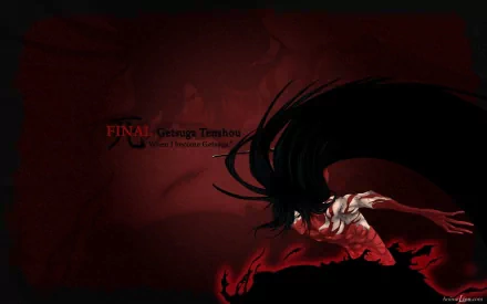 HD desktop wallpaper featuring Ichigo Kurosaki from the anime Bleach, showcasing an intense, dark background with vivid red and black colors. The text on the left details the final Getsuga Tenshou.