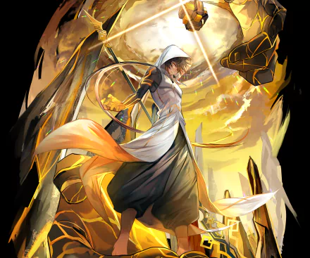 Zhongli from Genshin Impact stands amid floating Geo pillars and golden light, cloak billowing—2K Quad HD PC desktop wallpaper/background inspired by the video game.