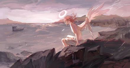 A 4K Ultra HD anime wallpaper featuring Angel Devil from Chainsaw Man, sitting on rocks by the sea with wings and a glowing halo at sunset.
