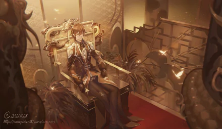 4K Ultra HD PC wallpaper featuring Zhongli from Genshin Impact, seated on an ornate throne in a warmly lit, elegant room filled with detailed decorations.