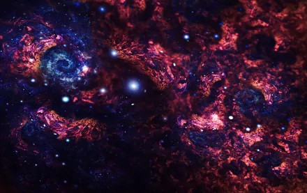 Artistic HD PC desktop wallpaper featuring a vibrant cosmic scene with swirling galaxies and glowing stars in deep blue and red hues.