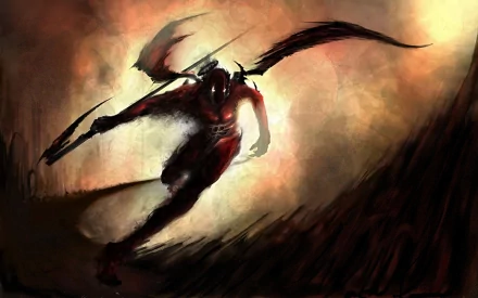 A dark angel with imposing wings and a fierce stance emerges from a shadowy background, creating a dramatic and captivating HD wallpaper.