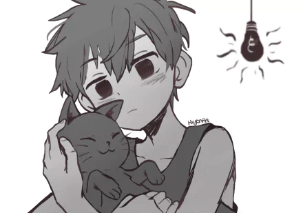 HD PC wallpaper featuring Omori from the video game Omori holding a content black cat, with a glowing light bulb above them.