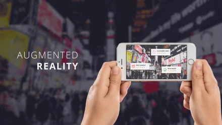Hands holding a smartphone that displays augmented reality information over a bustling city street scene, tagged as a high-definition desktop wallpaper and background for augmented reality enthusiasts.