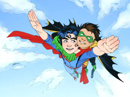 smile black hair mask blue eyes DC Comics cape flying Jon Kent Damian Wayne Robin (DC Comics) Superboy Comic Super-Sons HD Desktop Wallpaper | Background Image