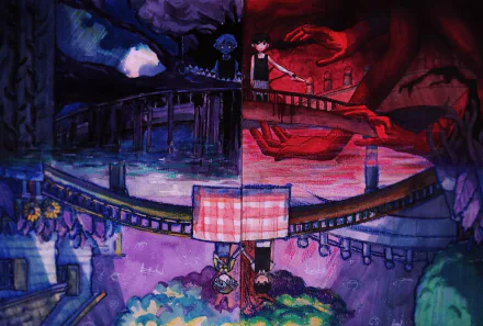 HD PC wallpaper featuring characters Sunny, Basil, and Omori from the video game OMORI, standing on a bridge with contrasting dark and red hands looming above.