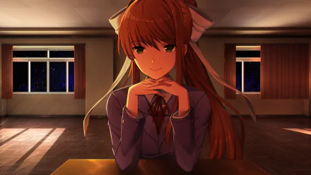 HD PC desktop wallpaper featuring Monika from the video game Doki Doki Literature Club! seated in a dimly lit classroom with a thoughtful expression.