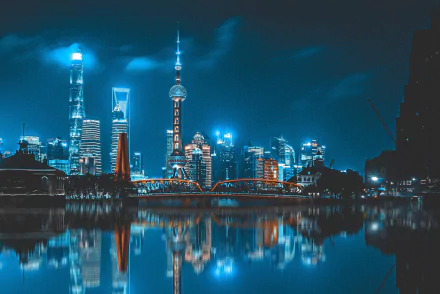 night Oriental Pearl Tower skyscraper reflection city man made Shanghai HD Desktop Wallpaper | Background Image