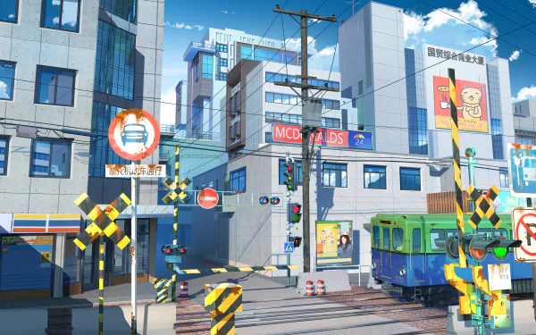 8K Ultra HD PC desktop wallpaper and background of an Anime city: mid-century buildings, a blue anime train at a railroad crossing, colorful signs and a bright blue sky.