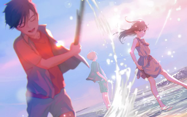 Anime-style beach scene with three characters enjoying the water, rendered in vibrant 4K Ultra HD, designed as a PC desktop wallpaper background.