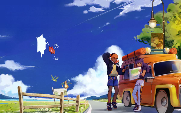 Anime-style HD desktop wallpaper featuring Pokémon Leon and Raihan by a road with Charizard, Flygon, and Rotom soaring in a bright blue sky.