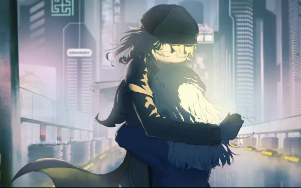 4K Ultra HD anime-style PC wallpaper featuring Virtual YouTubers Gawr Gura and Watson Amelia embracing in a softly lit urban setting.