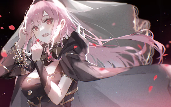 4K Ultra HD anime wallpaper of Mori Calliope, a Virtual YouTuber from hololive, featuring her with flowing pink hair and a dark, elegant outfit.