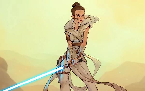 Rey from Star Wars stands confidently with a blue lightsaber in hand against a desert backdrop, showcasing a vibrant Sci-Fi aesthetic in this 4K Ultra HD wallpaper.