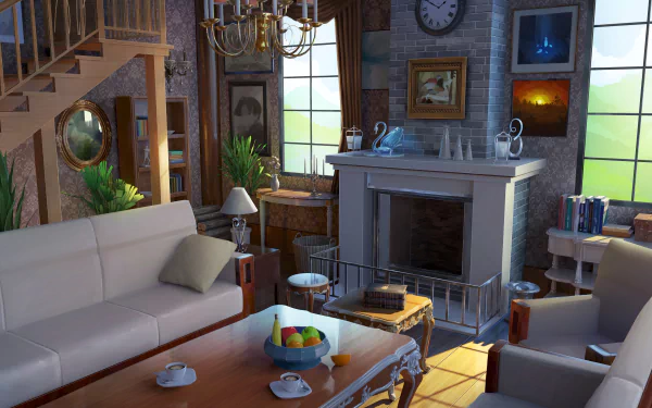 Anime room interior: cozy living room with fireplace, sofas, coffee table, stairs and bookshelves. 4K Ultra HD PC desktop wallpaper and background.