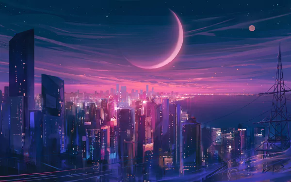 A vibrant artistic depiction of a city skyline at twilight, featuring a crescent moon and colorful lights, creating a captivating HD desktop wallpaper and background.