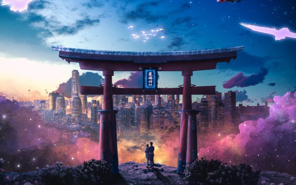 Sci Fi City Couple Torii HD Wallpaper | Background Image