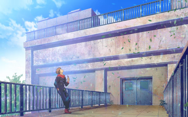 Yuji Itadori from Jujutsu Kaisen stands on a rooftop under a bright blue sky, depicted in vibrant 4K Ultra HD anime style.