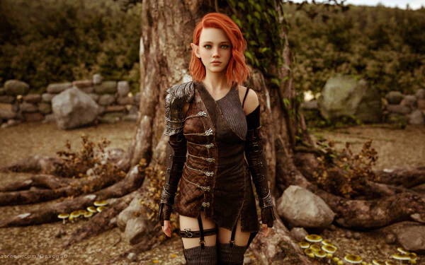 4K Ultra HD desktop wallpaper of a woman with pink hair in elf cosplay, standing confidently in a forest setting with detailed armor and natural surroundings.