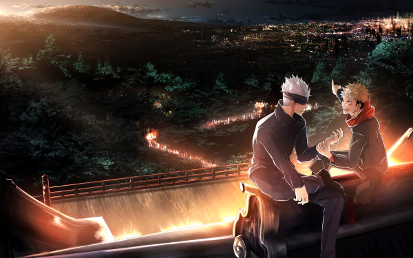 Anime HD wallpaper featuring white-haired Satoru Gojo in a blindfold and Yuji Itadori in school uniforms from Jujutsu Kaisen, seated on a rooftop overlooking a night cityscape with vibrant lighting.