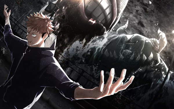 HD desktop wallpaper featuring Yuji Itadori from Jujutsu Kaisen in a hoodie, standing with outstretched arms, with a dark, intense background and menacing figures.